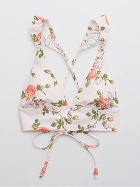 AERIE Floral Tie-Back Crop Bikini Top - Pink Rose Print size Medium